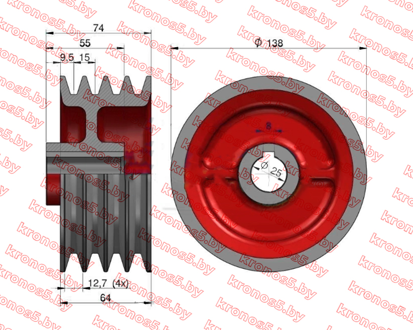 «Шкив малый (136 мм) D-25 4 ручья косилки Wirax Z-069» - фото 3