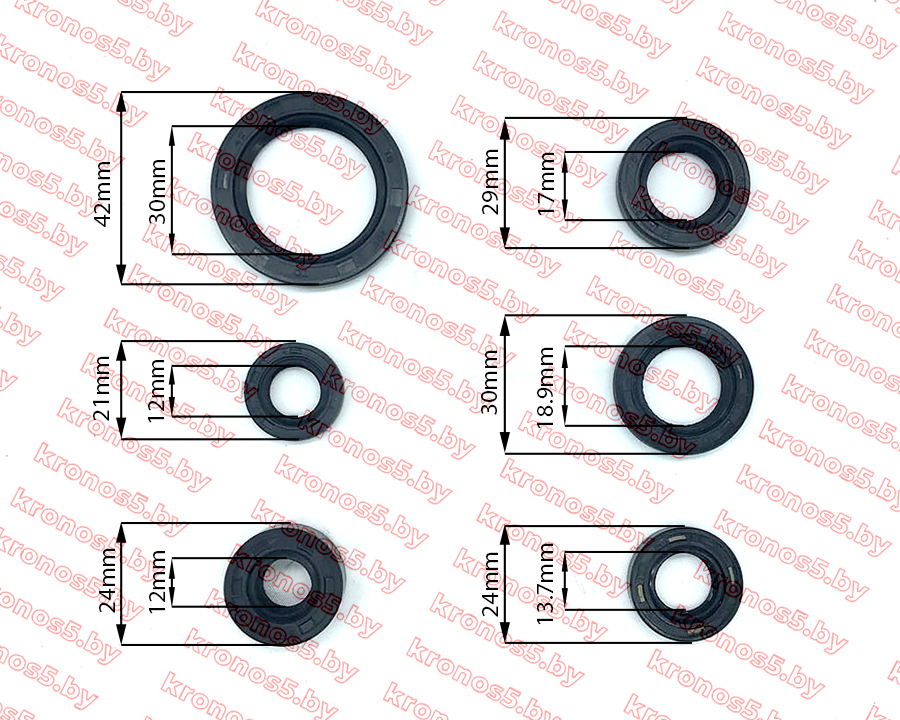 «Сальники комплект 6 шт (30x42x4,5; 11,6x24x10; 17x29x5; 18,9x30x5; 13,7x24x5; 12x21x4) R180/180N» - фото