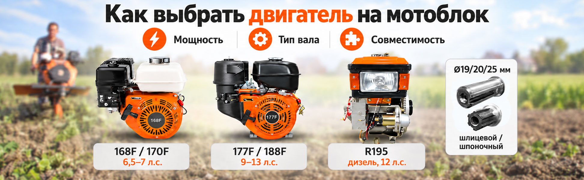 Как выбрать двигатель на мотоблок: мощность, тип вала, совместимость