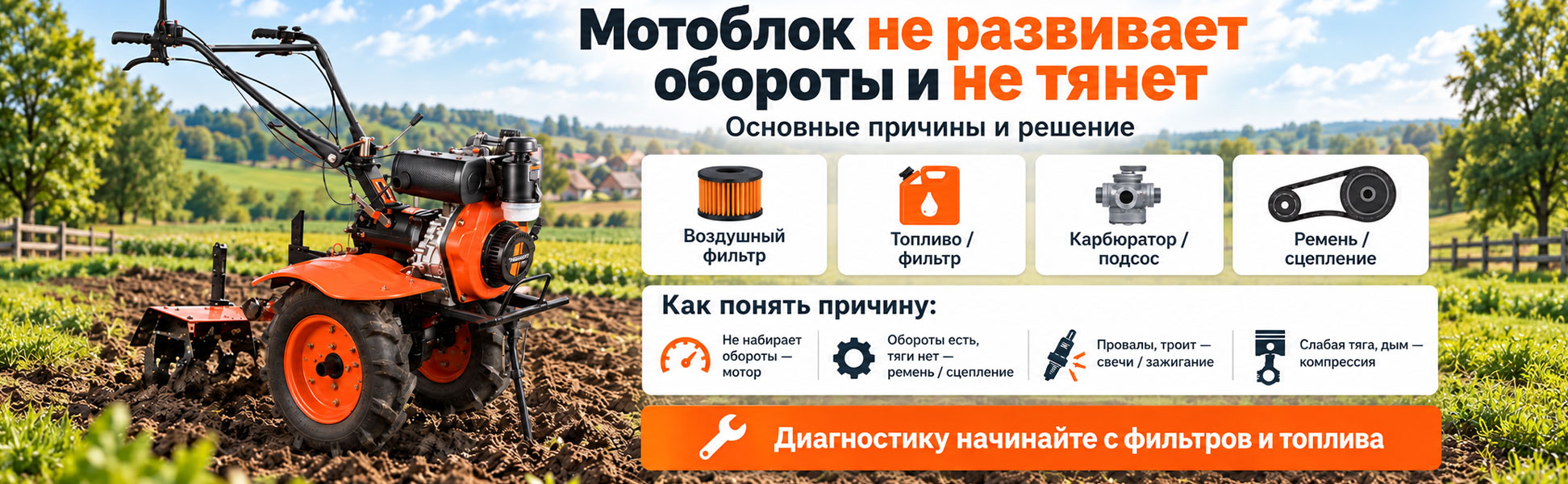 Мотоблок не развивает обороты и не тянет: причины и решение
